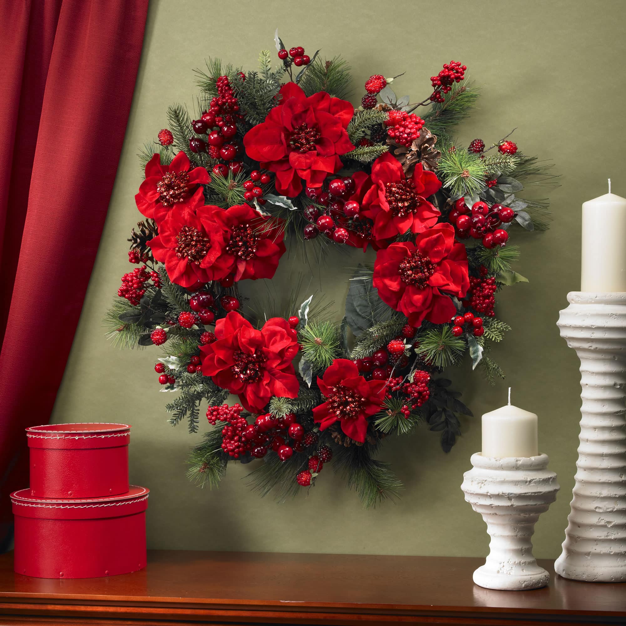 24" Red Poinsettia & Berry Wreath
